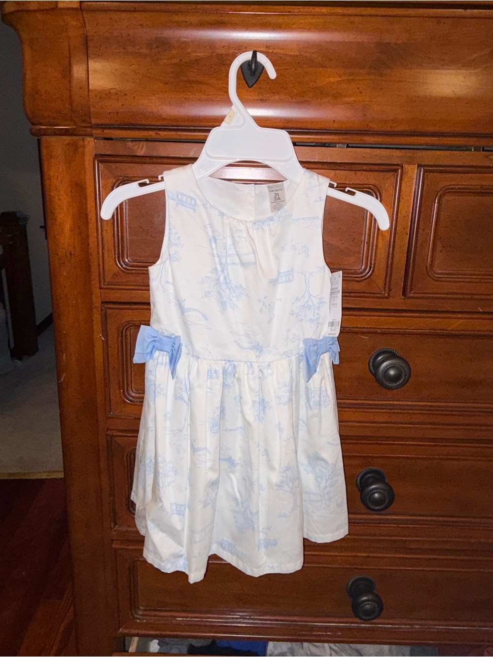 NWT Carter's Girls 3T Blue White Toile Bow Dress Cottagecore